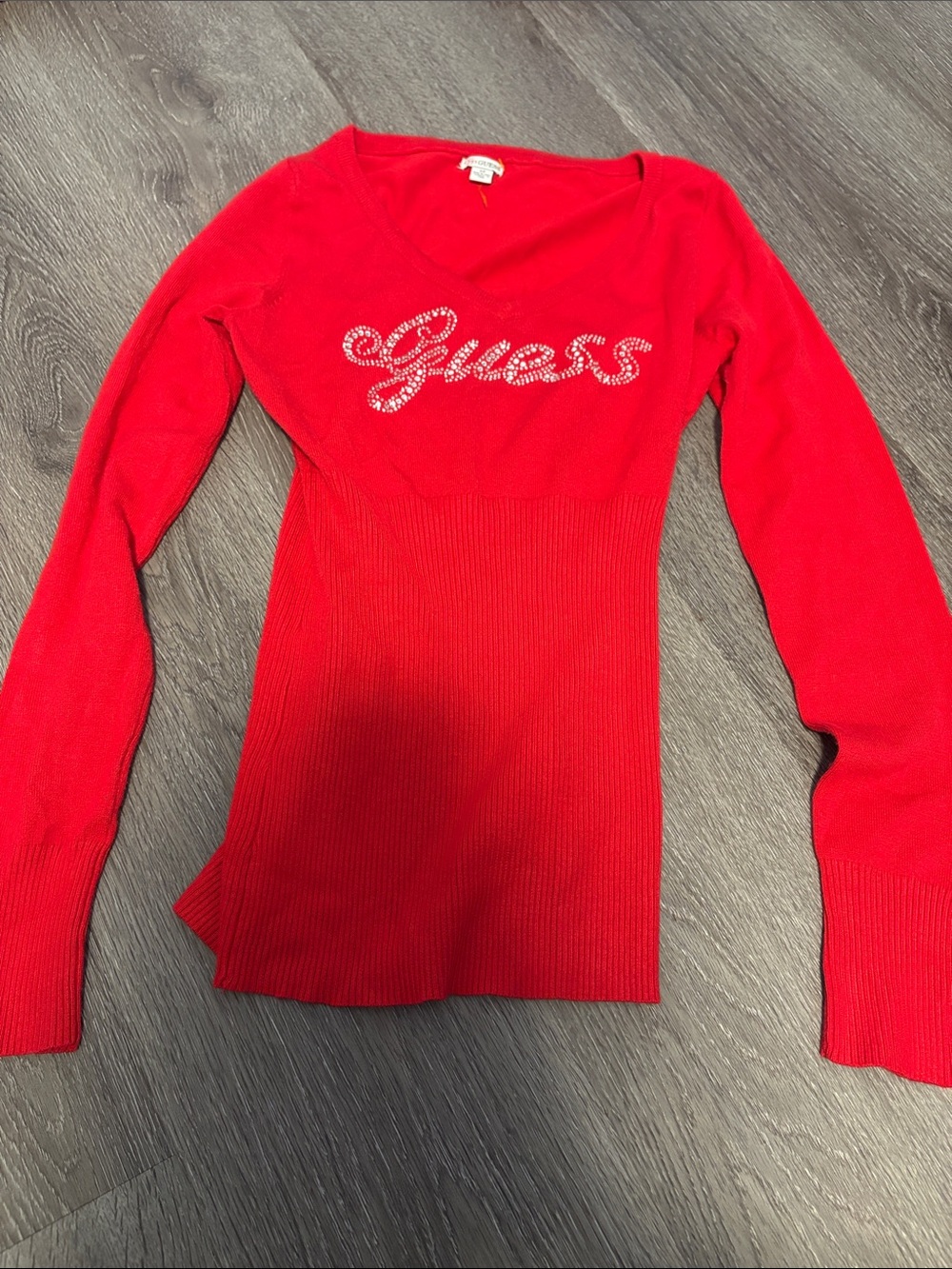 Guess Red V-Neck Long Sleeve Top with Crystal Logo